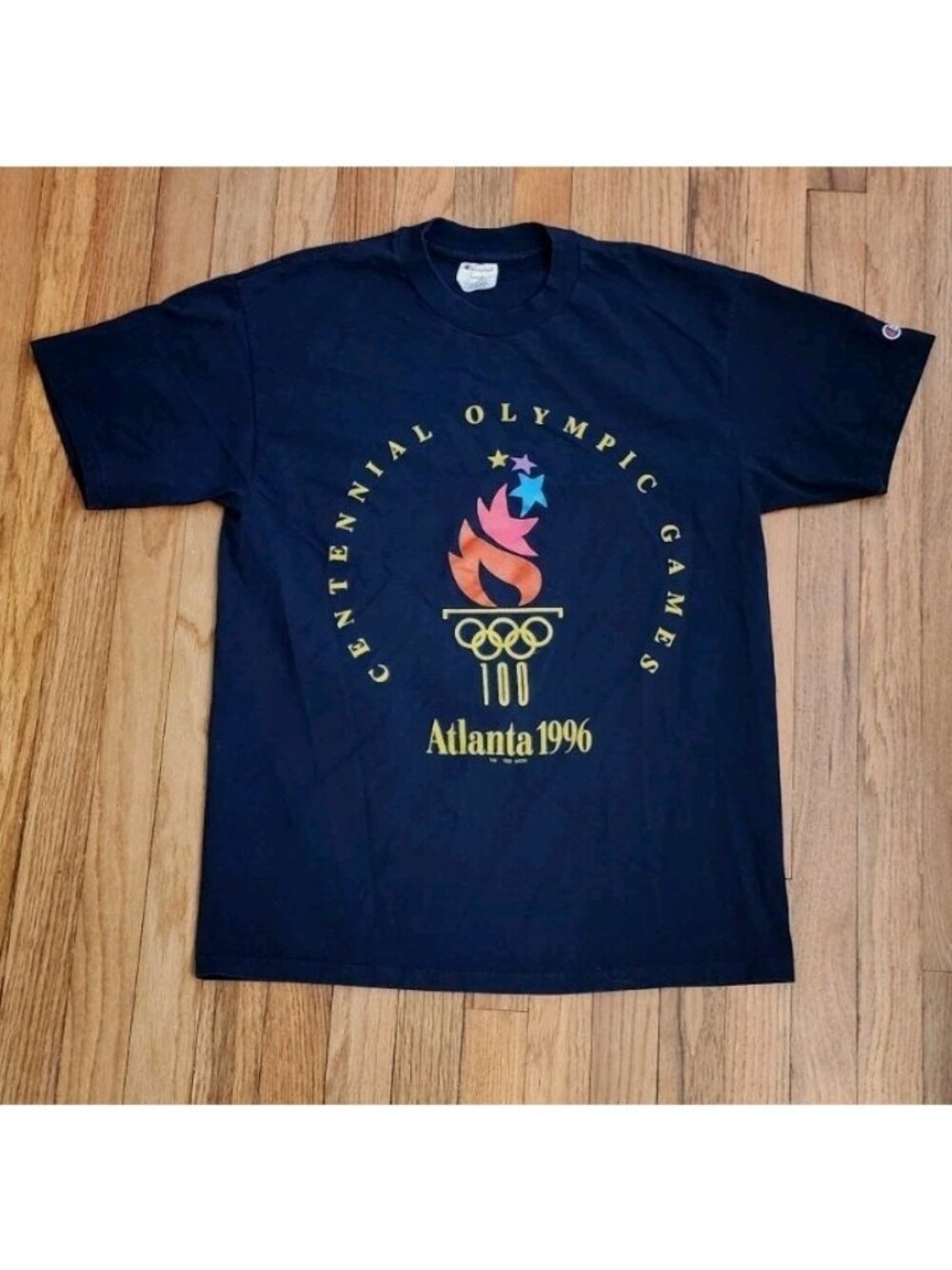 Vintage Champion Atlanta Olympics 1996 TShirt large graphic torch rings spellout